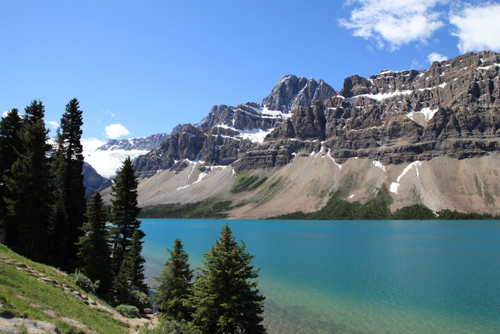 a body of water with trees and mountains in the background