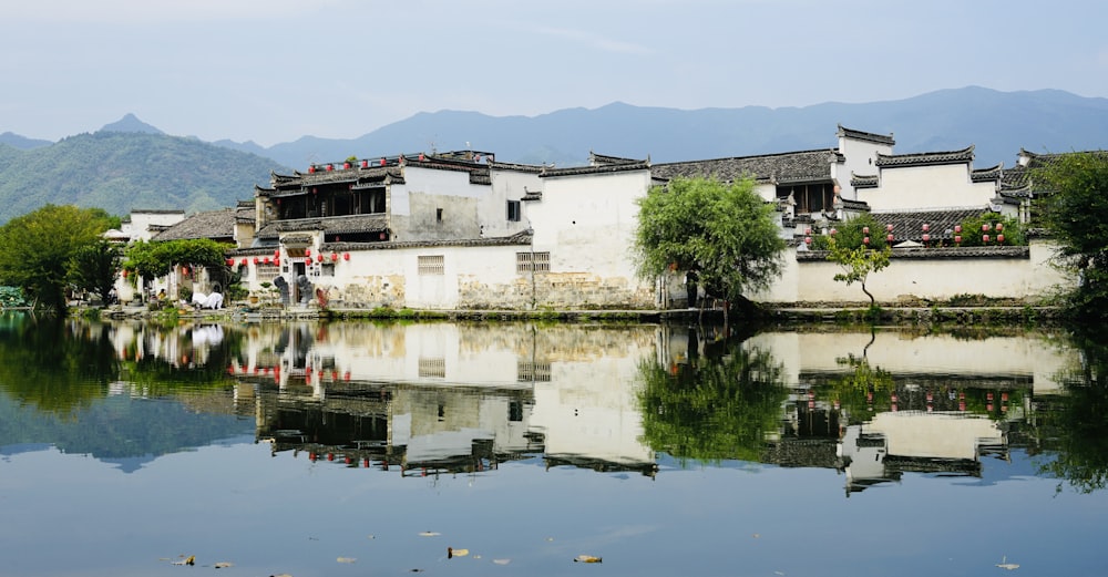 a white building with a pool of water in front of it