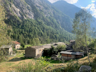 A serene landscape of Chubut's Patagonian steppe with traditional wooden houses under a clear blue sky.