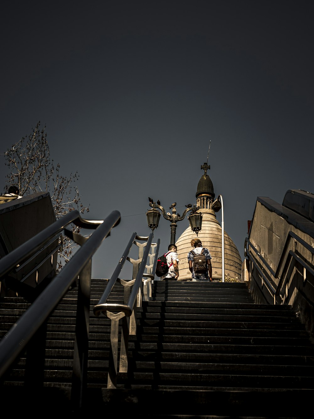 a group of people on a staircase