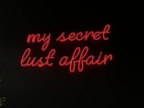 Bright red neon lettering spells out 'my secret lust affair' against a dark background, creating a stark contrast. The script is elegant and cursive, suggesting intimacy and intrigue.