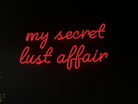 Bright red neon lettering spells out 'my secret lust affair' against a dark background, creating a stark contrast. The script is elegant and cursive, suggesting intimacy and intrigue.