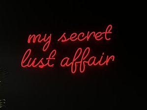 Bright red neon lettering spells out 'my secret lust affair' against a dark background, creating a stark contrast. The script is elegant and cursive, suggesting intimacy and intrigue.