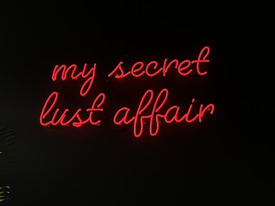 Bright red neon lettering spells out 'my secret lust affair' against a dark background, creating a stark contrast. The script is elegant and cursive, suggesting intimacy and intrigue.