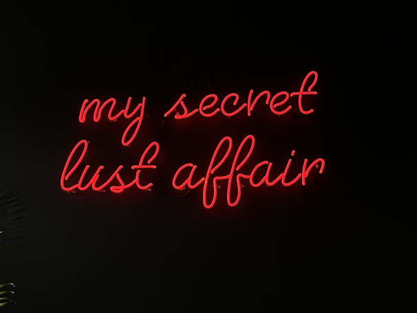 Bright red neon lettering spells out 'my secret lust affair' against a dark background, creating a stark contrast. The script is elegant and cursive, suggesting intimacy and intrigue.