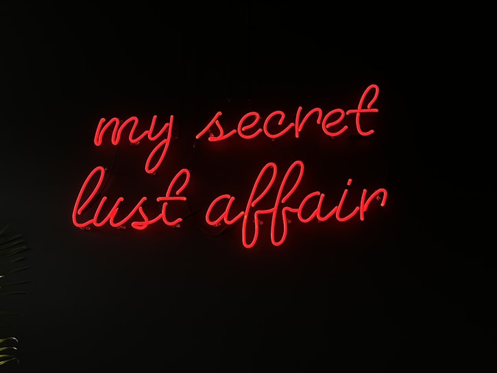 Bright red neon lettering spells out 'my secret lust affair' against a dark background, creating a stark contrast. The script is elegant and cursive, suggesting intimacy and intrigue.