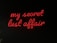 Bright red neon lettering spells out 'my secret lust affair' against a dark background, creating a stark contrast. The script is elegant and cursive, suggesting intimacy and intrigue.