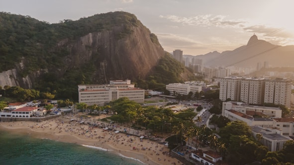 a beach with buildings and trees by a body of water