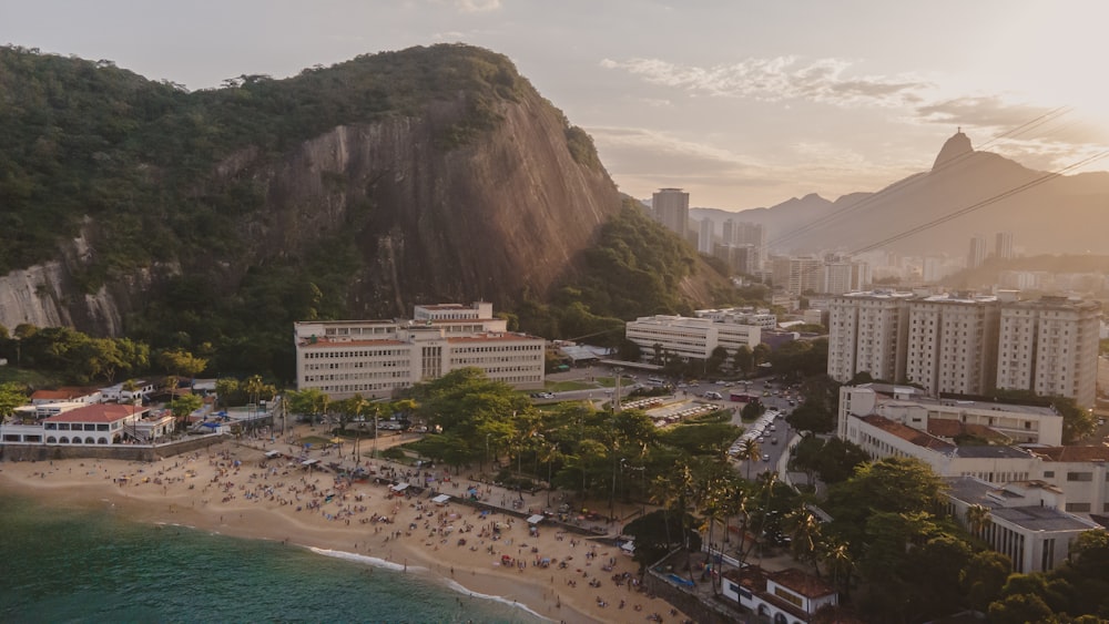 a beach with buildings and trees by a body of water