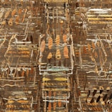 A complex, abstract pattern with layered, translucent geometrical shapes arranged in a grid-like formation. The shapes appear to be transparent, showcasing an array of earthy tones and metallic streaks giving an illusion of depth and texture.