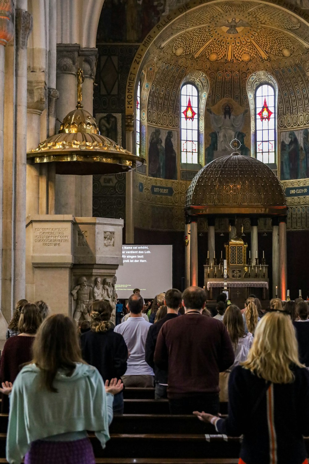 a group of people in a church