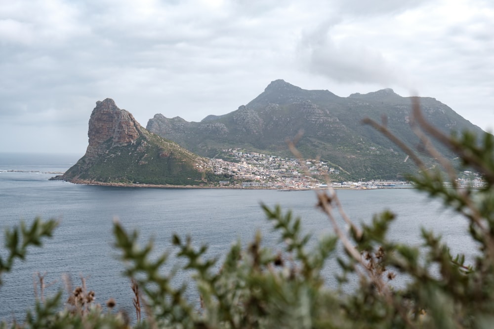 Un cuerpo de agua con una montaña en la distancia