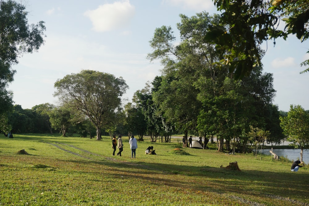 a group of people walking in a park