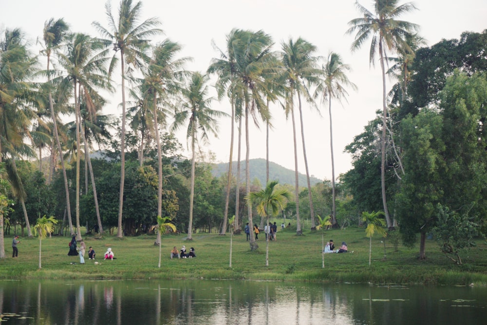 a group of people walking along a river