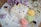 A square white cake adorned with delicate violets and other small purple flowers is placed on a white plate. Surrounding it are three colorful macarons in pastel shades of pink, green, and yellow. Nearby, clusters of lilac and white flowers add a natural touch to the arrangement.