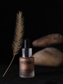 A small bottle of Iconic London Illuminator with a silver cap, placed on a dark surface. Next to it is a dried plant stem resembling wheat, and smooth stones are visible in the background.
