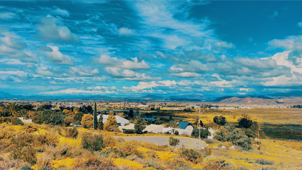 a landscape with trees and buildings