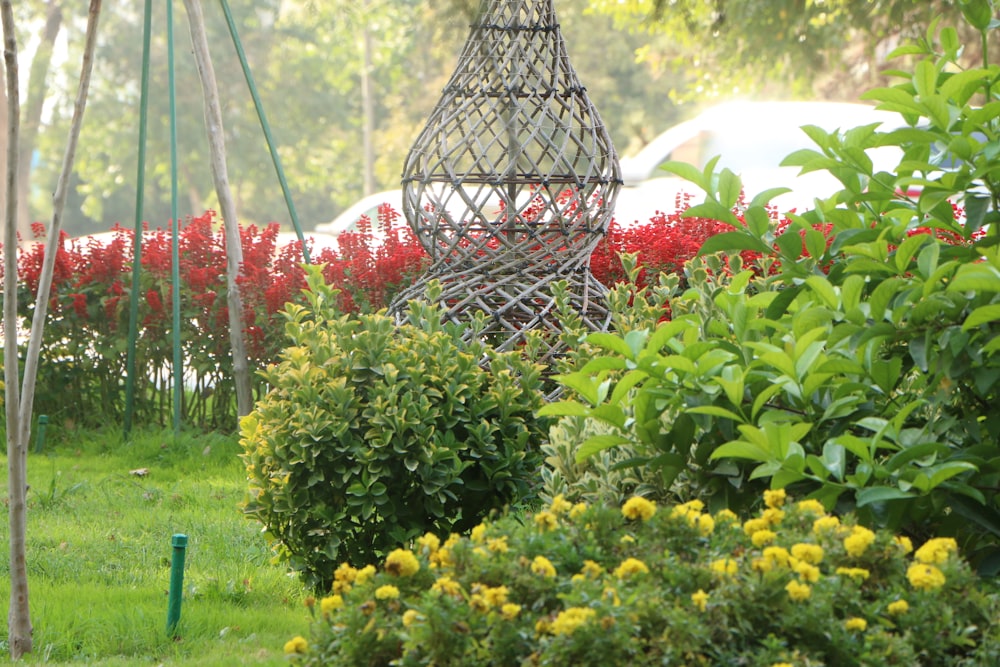 a bird cage in a garden