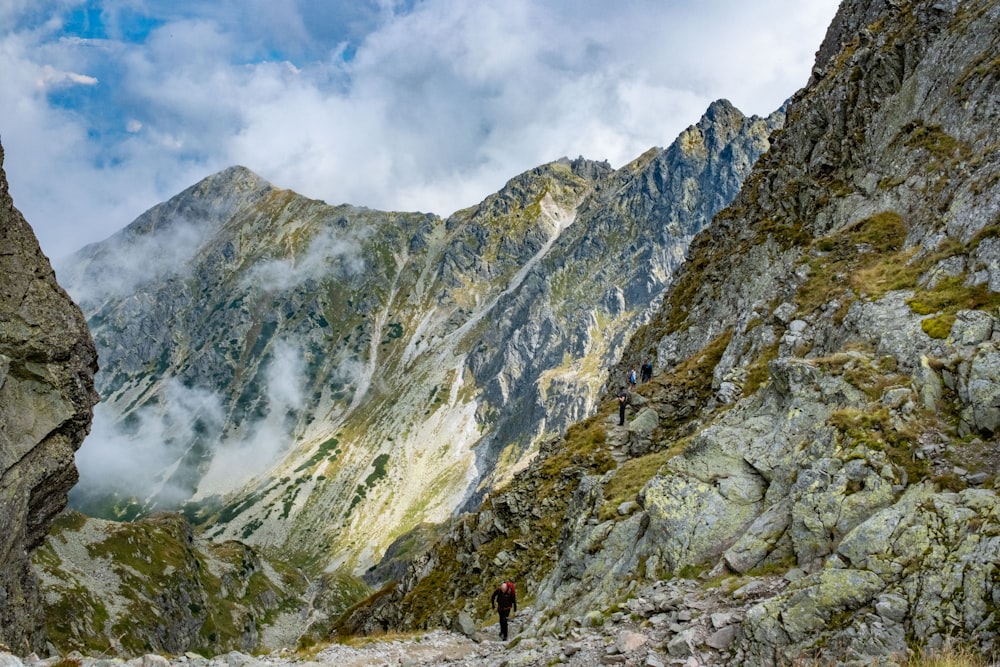 a group of people climbing a mountain