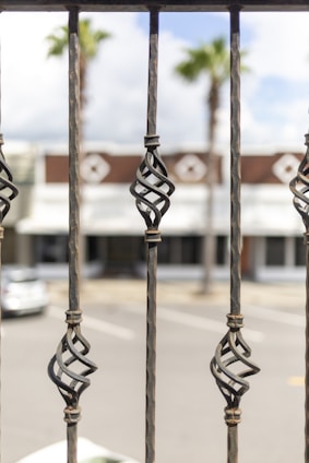 Wrought iron bars with intricate, twisted designs in the foreground. A street view with blurred palm trees, a building, and a car in the background under a partly cloudy sky.
