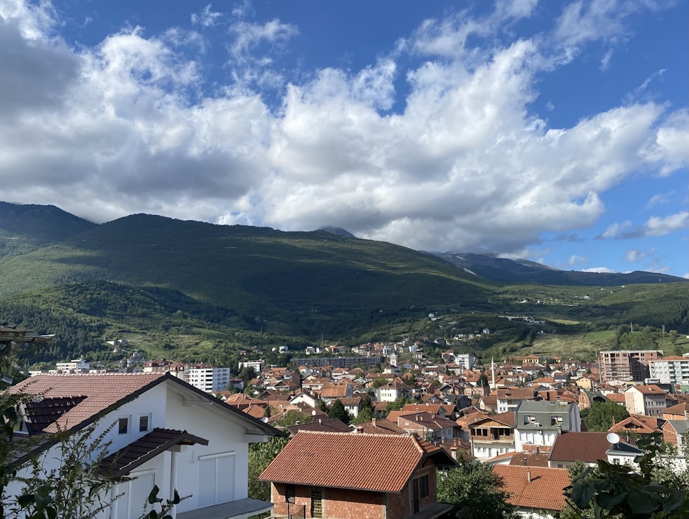 a town with a hill in the background