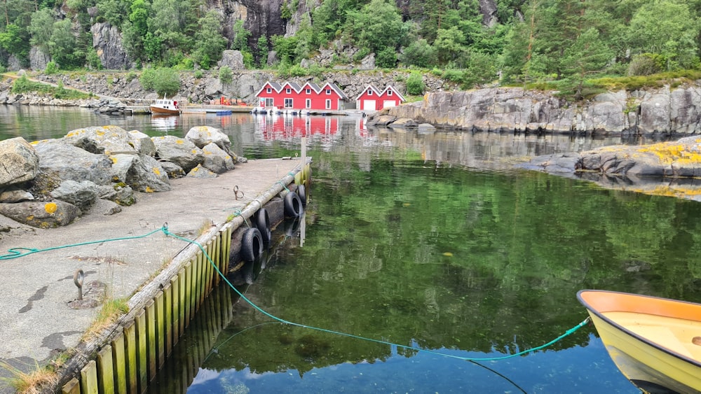 a body of water with a dock and a house on the other side