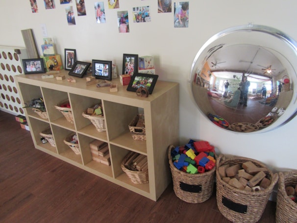 A neatly organized playroom with labeled bins and soft toys arranged on shelves.