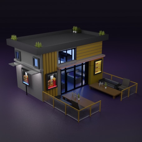 A modern, minimalist building with flat roof design, featuring potted plants on top. The structure includes exterior advertising signs that display images of food, likely indicating a restaurant. The building is flanked by outdoor seating areas with tables, chairs, and small potted plants, all enclosed by low fencing. The overall design suggests a contemporary, stylish establishment.