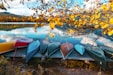 a row of boats on the shore