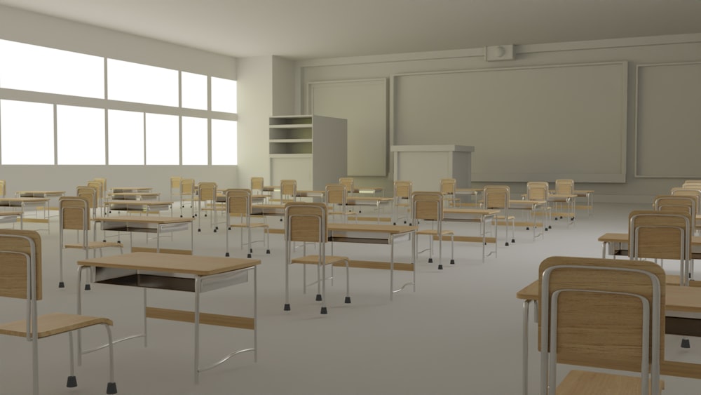 a room with desks and chairs