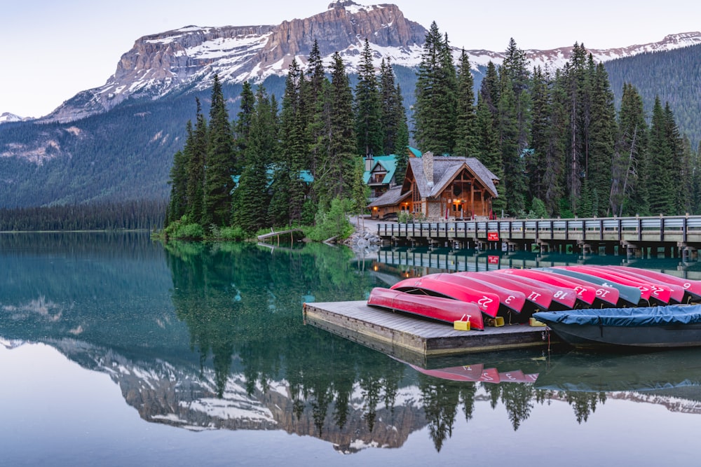 a dock with boats and a house on it by a lake