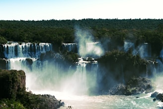 The magnificent Iguazu Falls, surrounded by lush greenery.