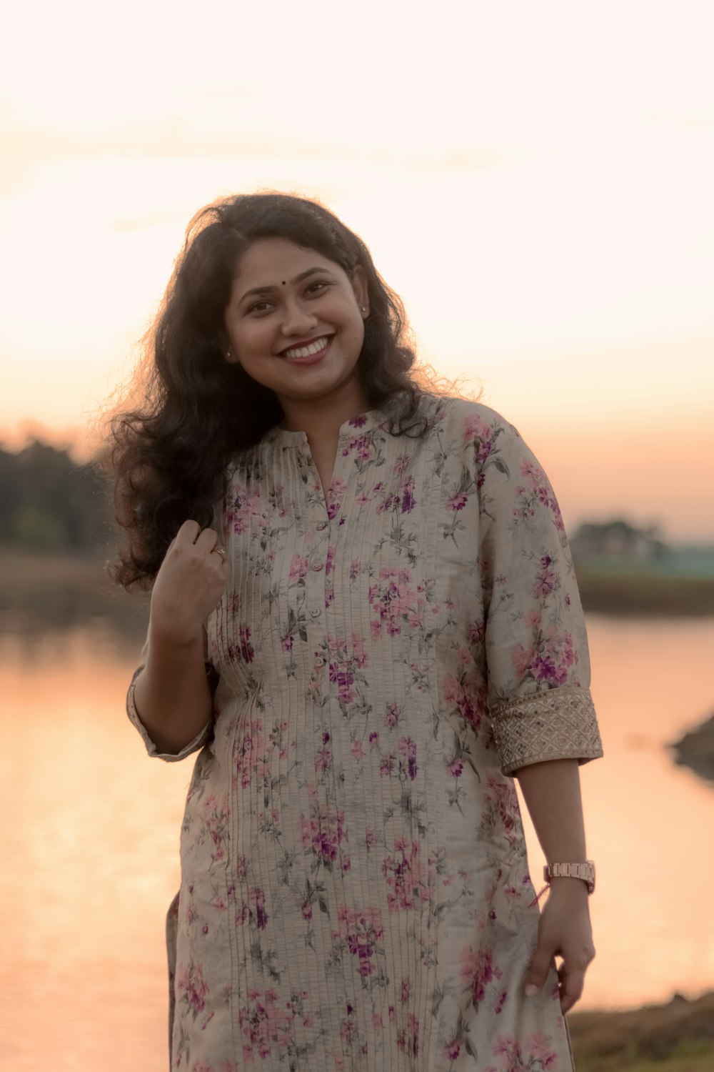 a person in a floral dress