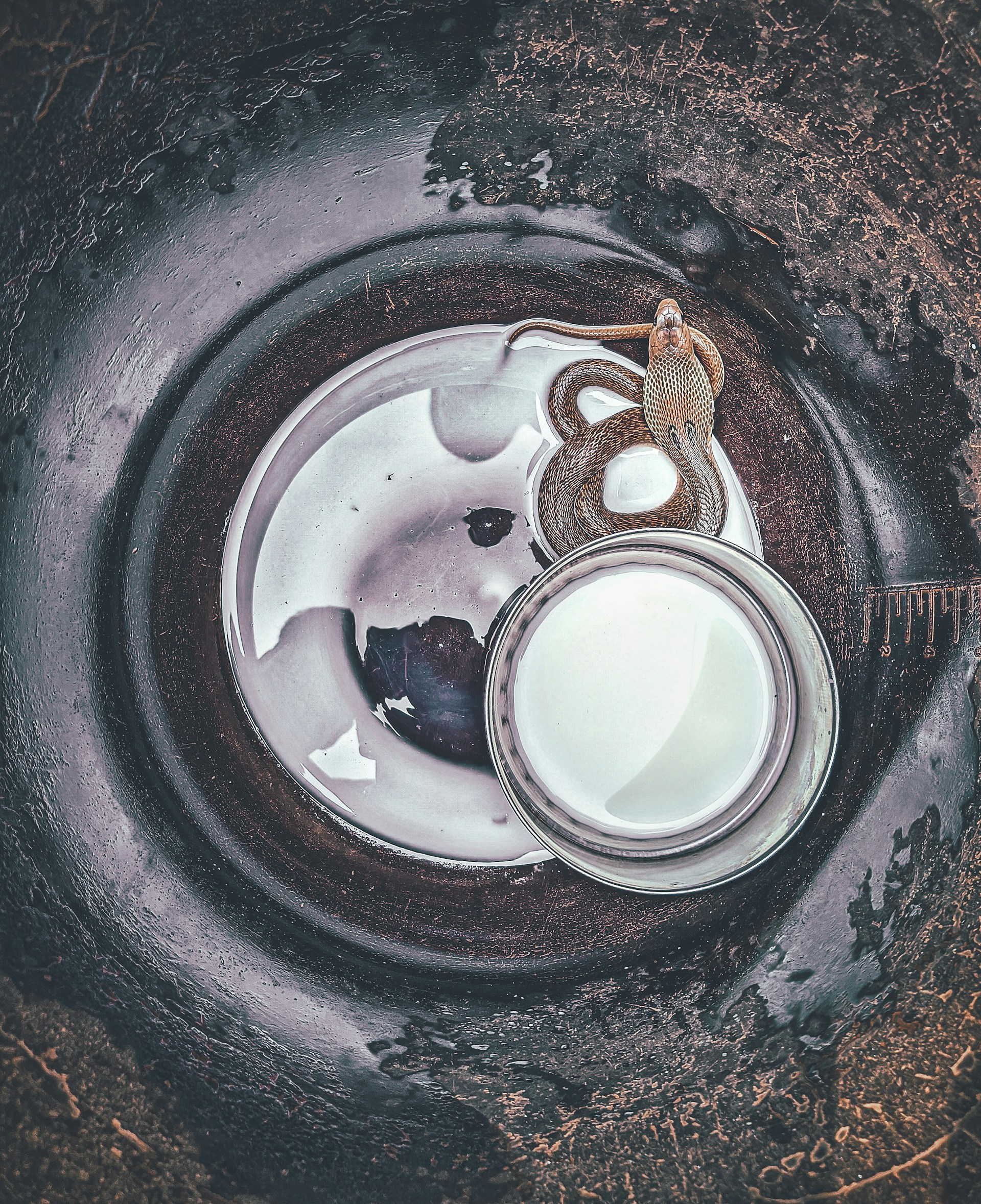 A snake is coiled in a metal basin containing a shallow pool of water and a small metallic bowl. The snake appears to be resting, while the basin shows signs of wear with visible textures and a dark, earthy color tone.