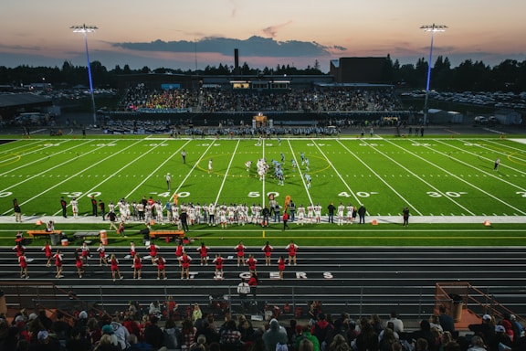 a football field with a crowd watching