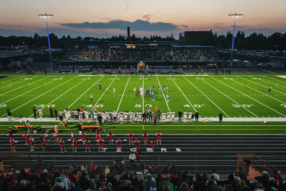 a football field with a crowd watching