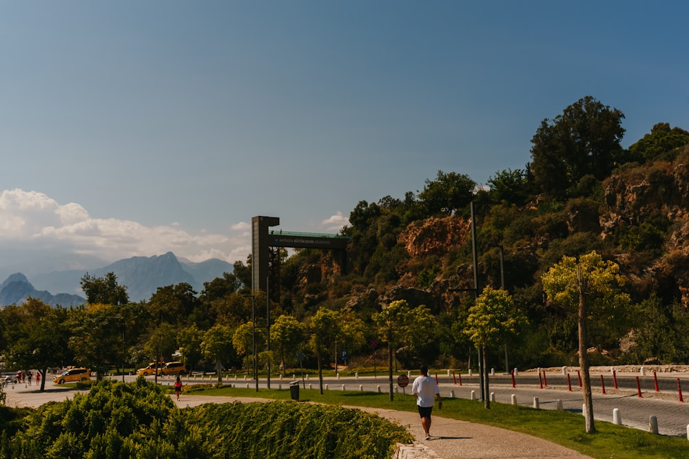 a person walking on a path in a park with trees and mountains in the background