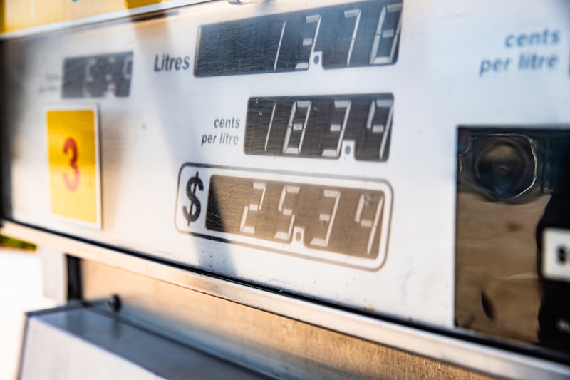 Close-up of a fuel pump display showing litres and price