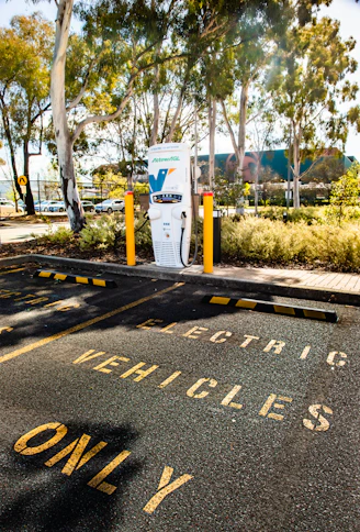 a parking lot with a sign