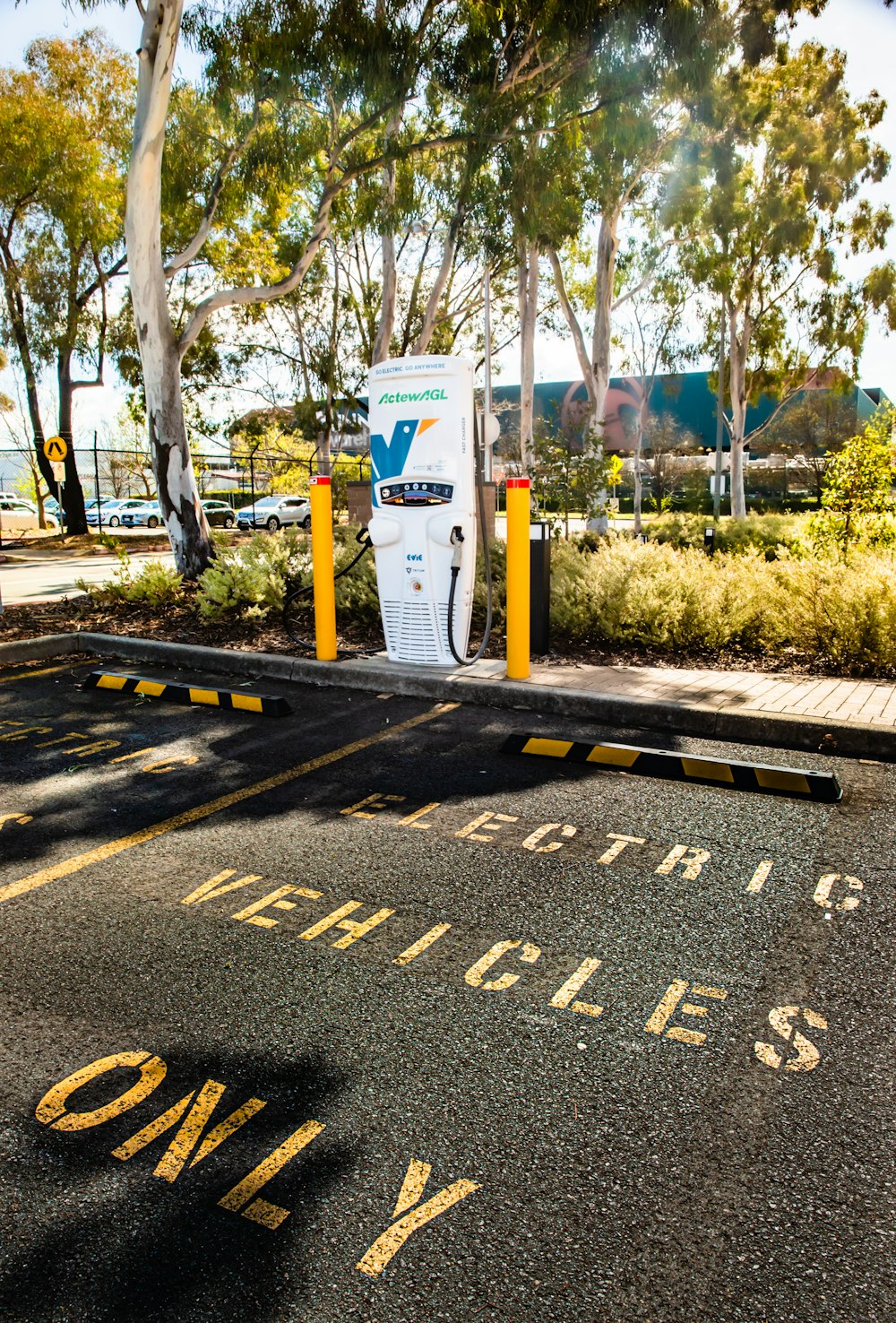 a parking lot with a sign