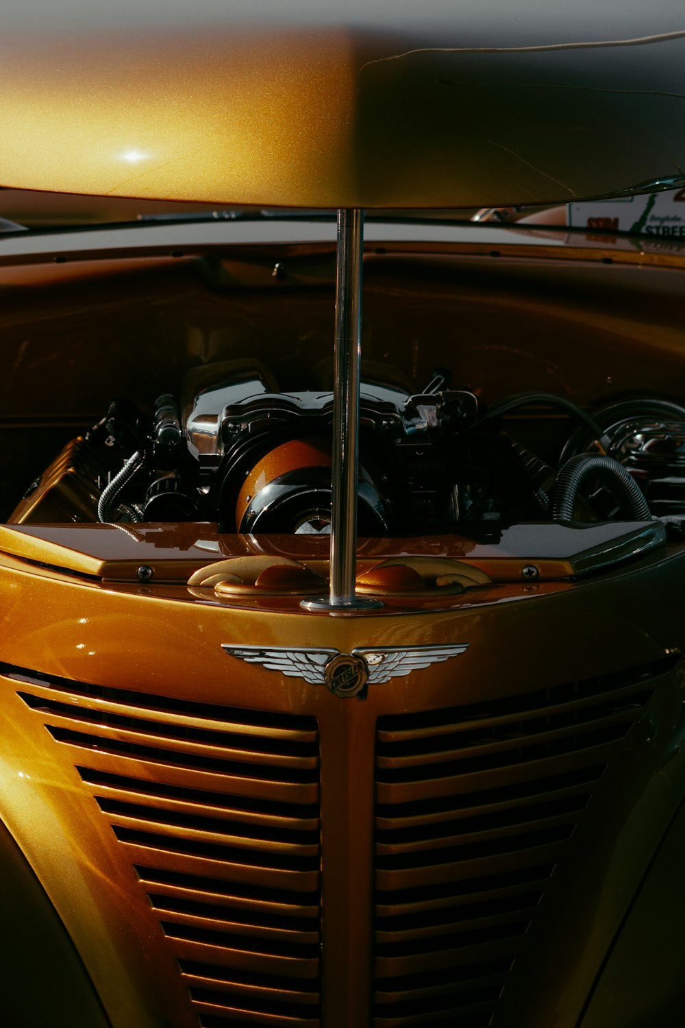 an orange car with a black steering wheel