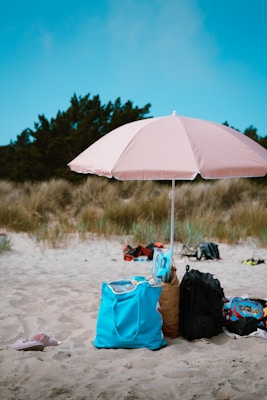 A beach scene with a pink umbrella providing shade to several bags, including a bright blue tote bag and a black backpack. The sand is light-colored, and in the background, there are tall grasses and trees under a clear blue sky.