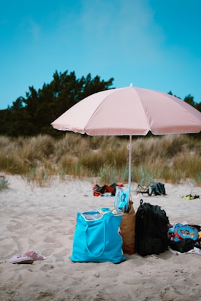 A beach scene with a pink umbrella providing shade to several bags, including a bright blue tote bag and a black backpack. The sand is light-colored, and in the background, there are tall grasses and trees under a clear blue sky.