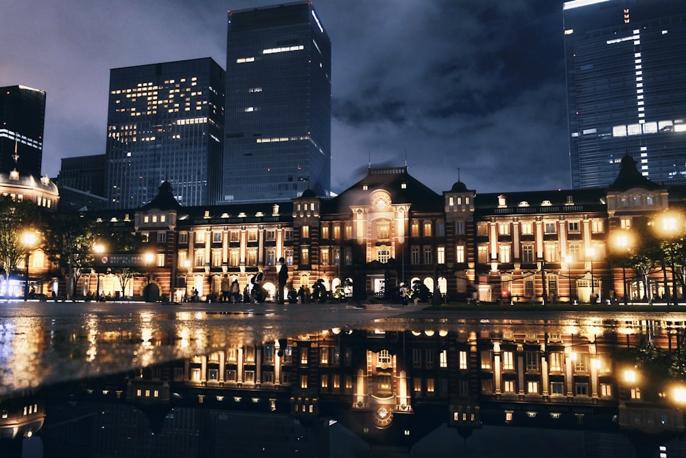 a city with a body of water in front of it