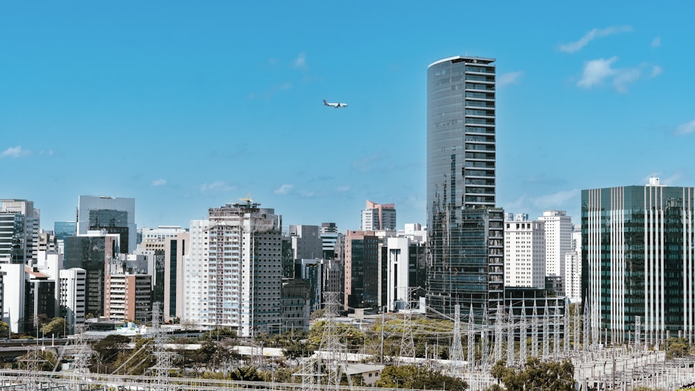 a plane flying over a city