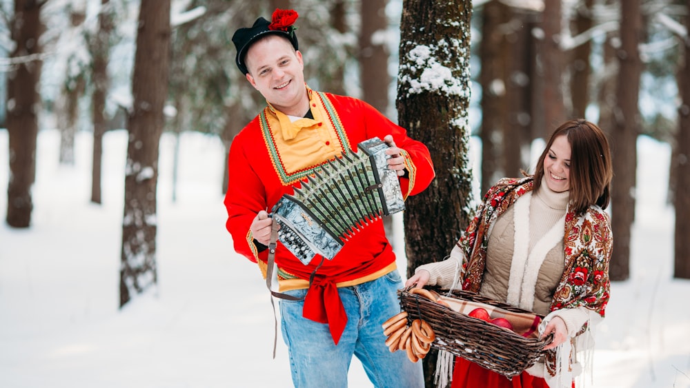 a man and woman holding baskets