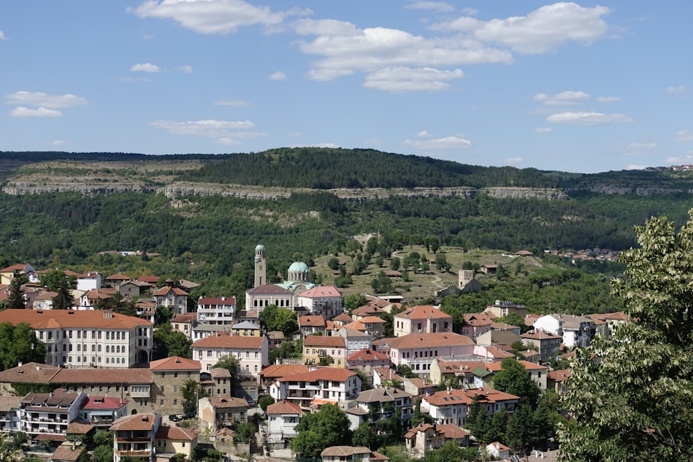 a town with trees and hills