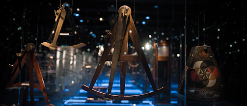 Display of maritime tools and navigational instruments from the early 1900s.