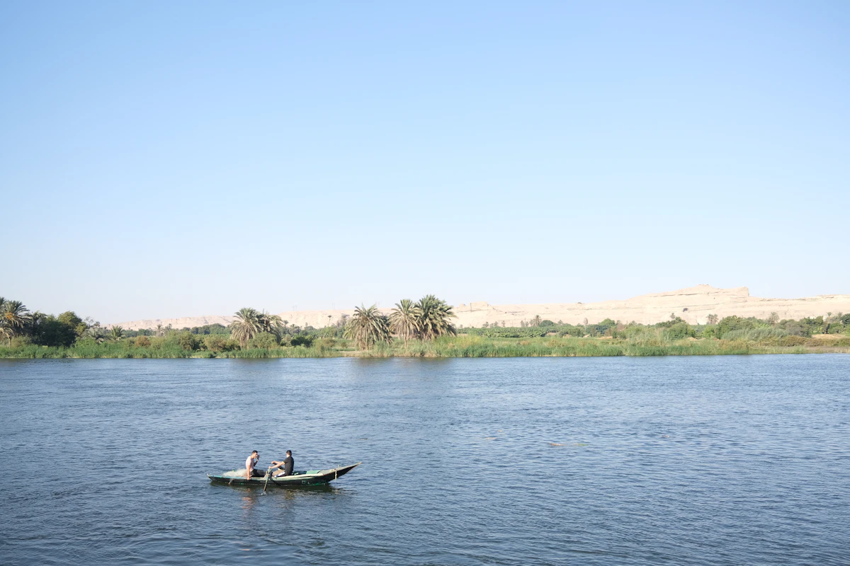 A boat on the Nile River at dusk