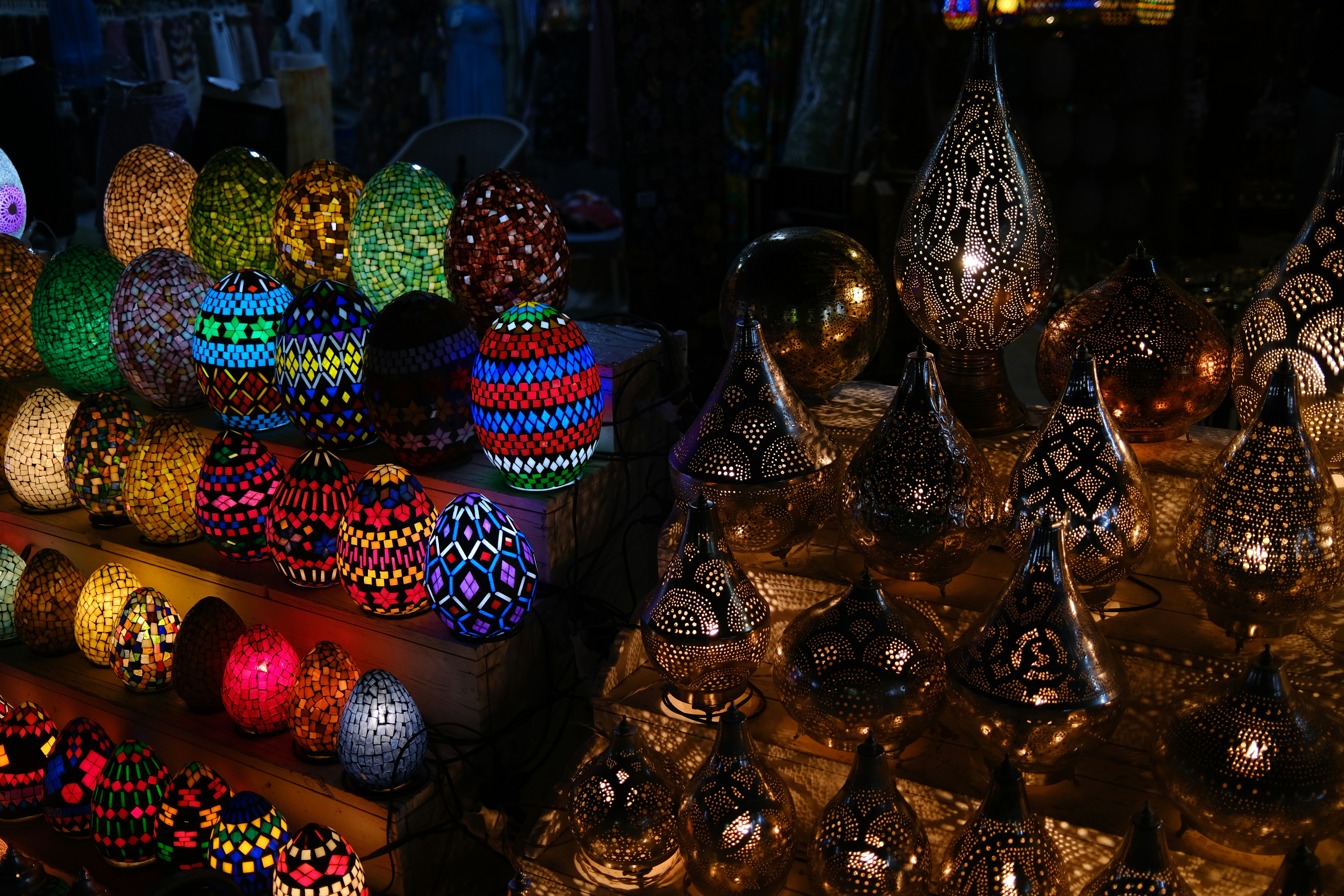 a group of colorfully decorated lamps